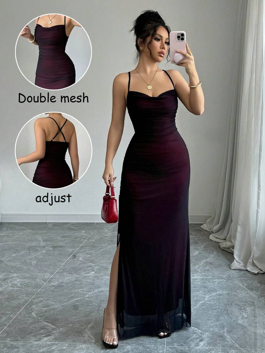 SHEIN RAFFERIZA فستان ماكسي شفاف من الشبك بياقة ورباط سحب