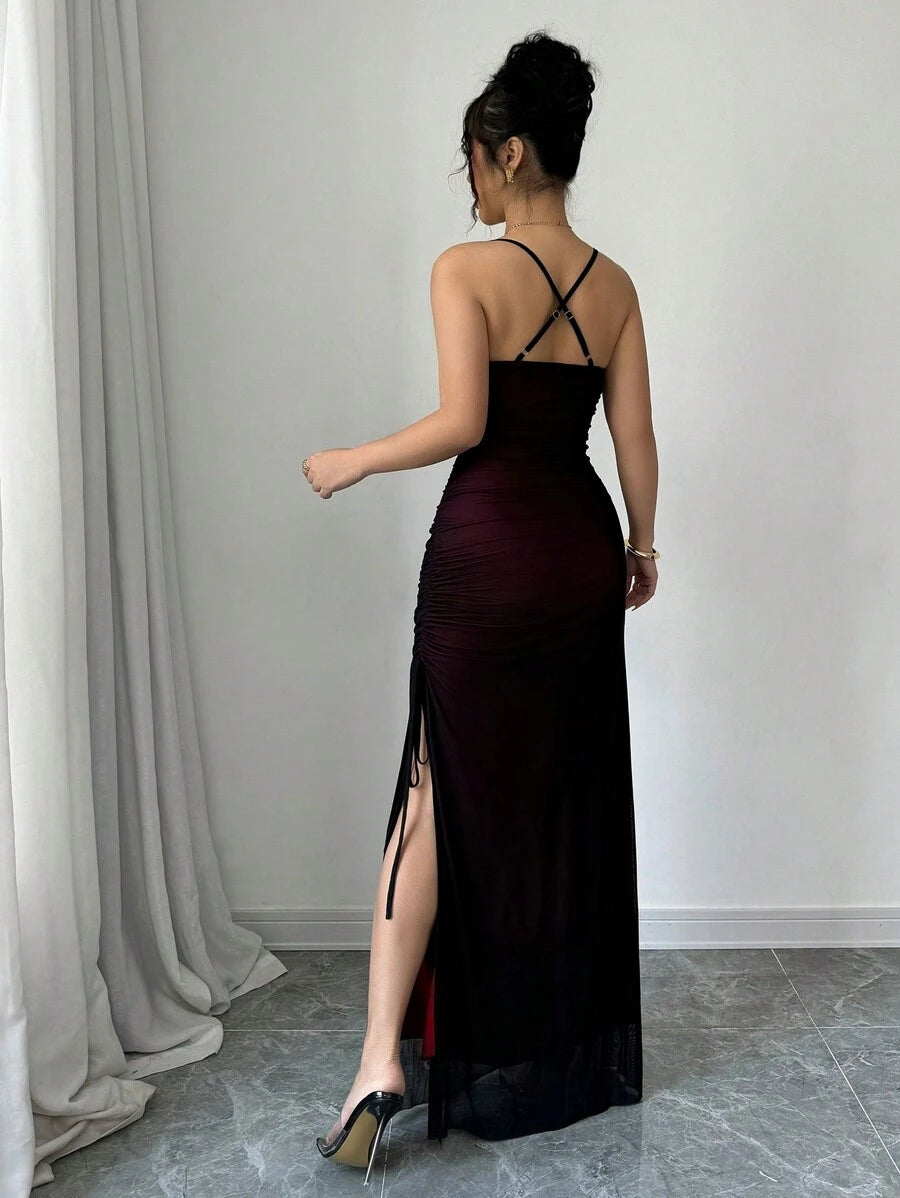 SHEIN RAFFERIZA فستان ماكسي شفاف من الشبك بياقة ورباط سحب