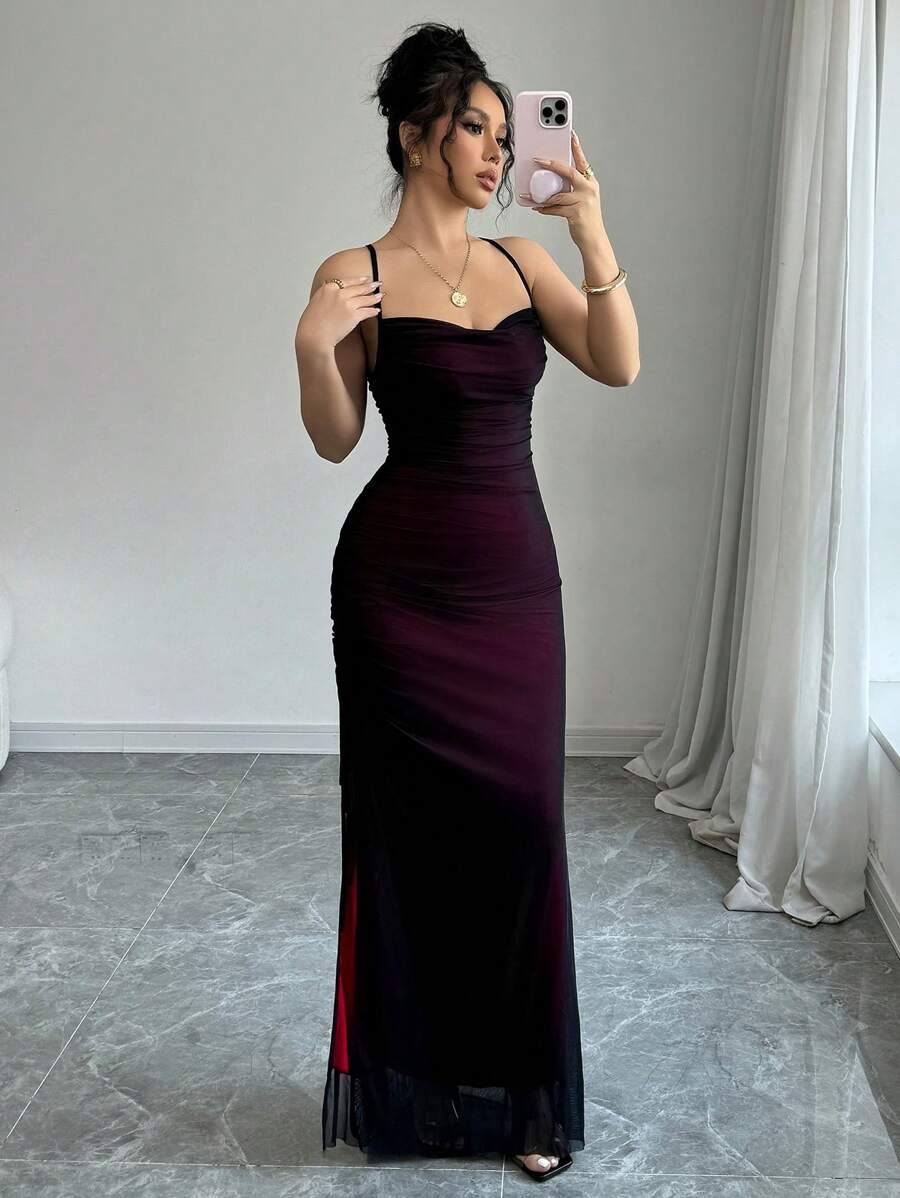 SHEIN RAFFERIZA فستان ماكسي شفاف من الشبك بياقة ورباط سحب