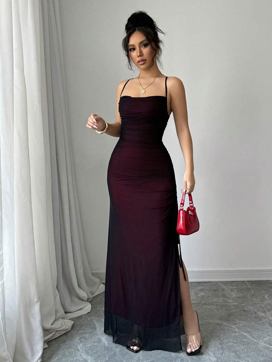 SHEIN RAFFERIZA فستان ماكسي شفاف من الشبك بياقة ورباط سحب