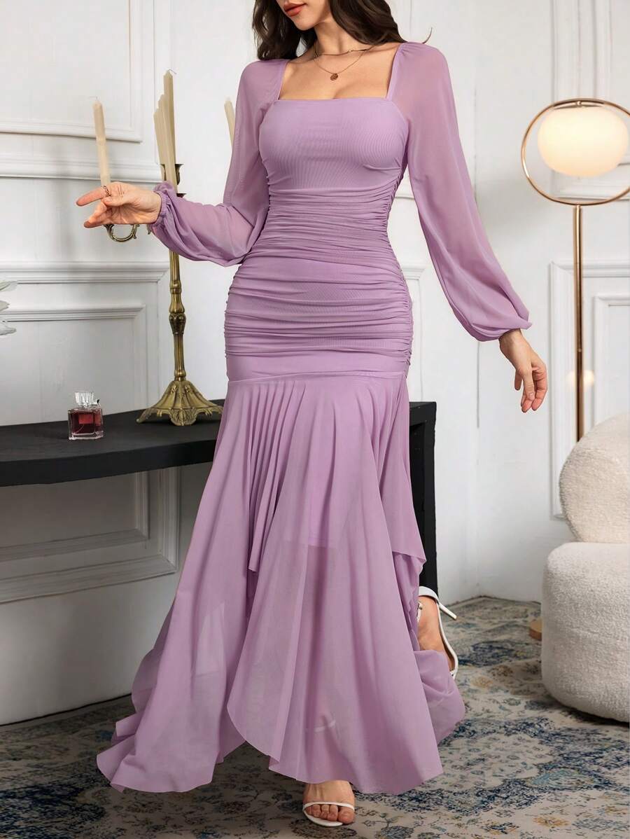 SHEIN Modelyn فستان ارجواني كاجوال طويل مع قصاصات شبكية