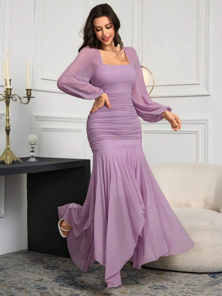 SHEIN Modelyn فستان ارجواني كاجوال طويل مع قصاصات شبكية