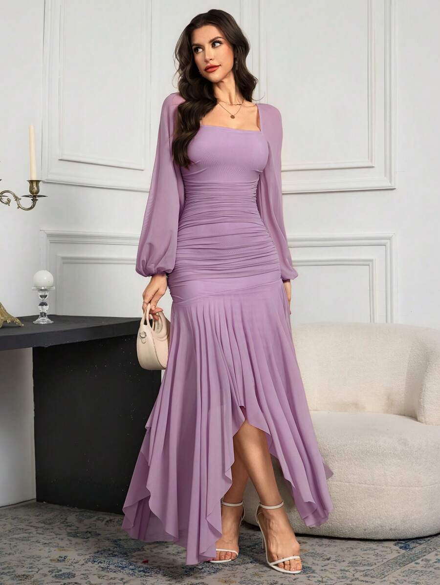 SHEIN Modelyn فستان ارجواني كاجوال طويل مع قصاصات شبكية