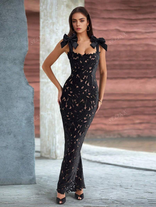 SHEIN SELINK فستان سهرة ماكسي أنيق مزين بشريط دانتيل