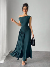SHEIN Modelyn فستان كاجوال أخضر مطوي بتصميم غير متماثل أنيق