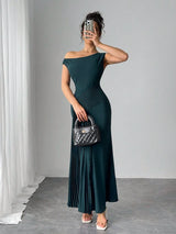 SHEIN Modelyn فستان كاجوال أخضر مطوي بتصميم غير متماثل أنيق