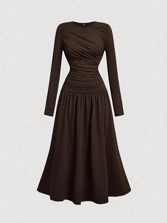 SHEIN MOD فستان بني مكرمش كاجوال