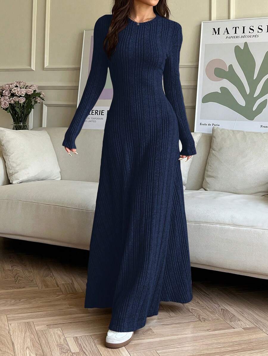 SHEIN EZwear فستان ازرق محبوك بياقة مستديرة