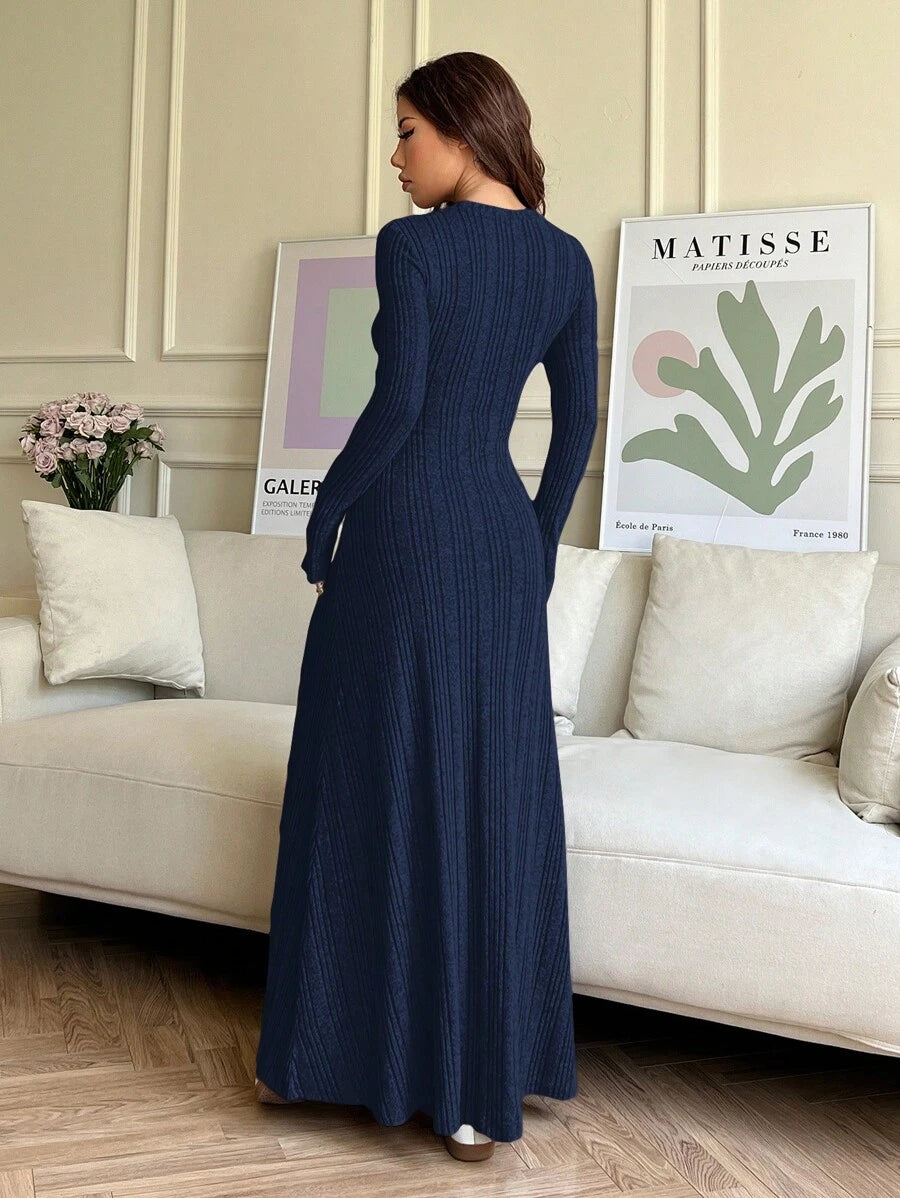 SHEIN EZwear فستان ازرق محبوك بياقة مستديرة