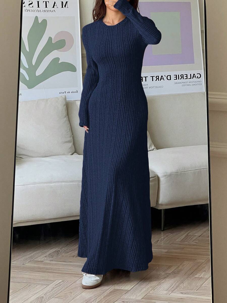 SHEIN EZwear فستان ازرق محبوك بياقة مستديرة