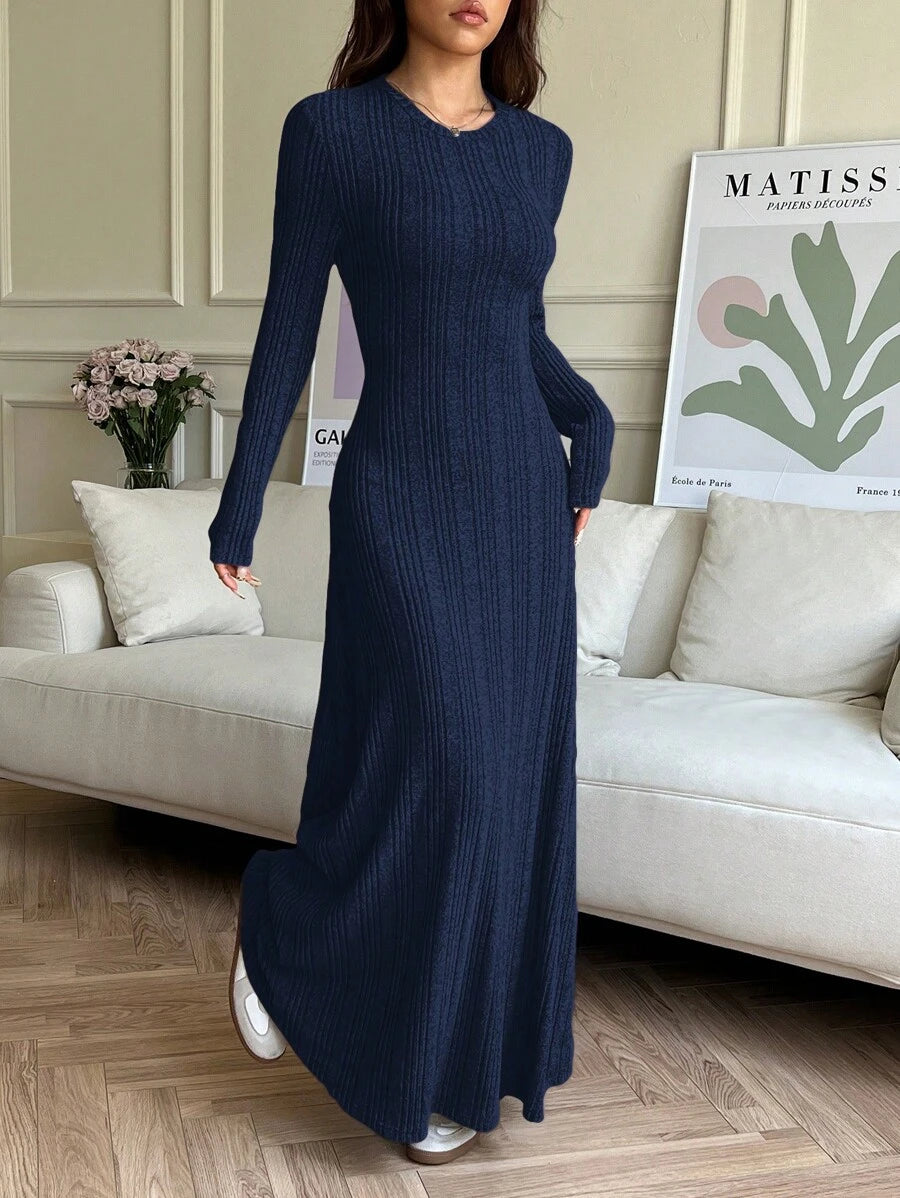 SHEIN EZwear فستان ازرق محبوك بياقة مستديرة