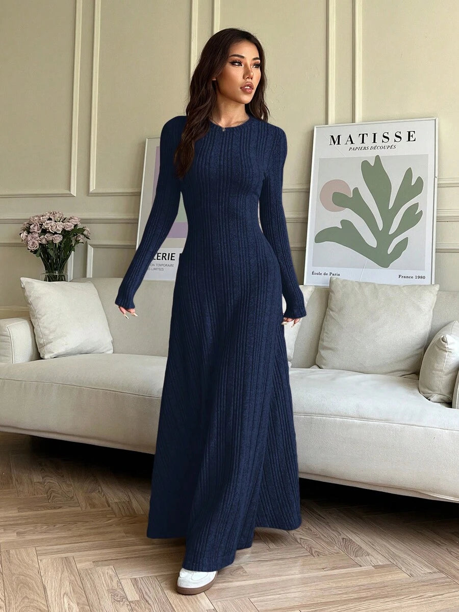SHEIN EZwear فستان ازرق محبوك بياقة مستديرة