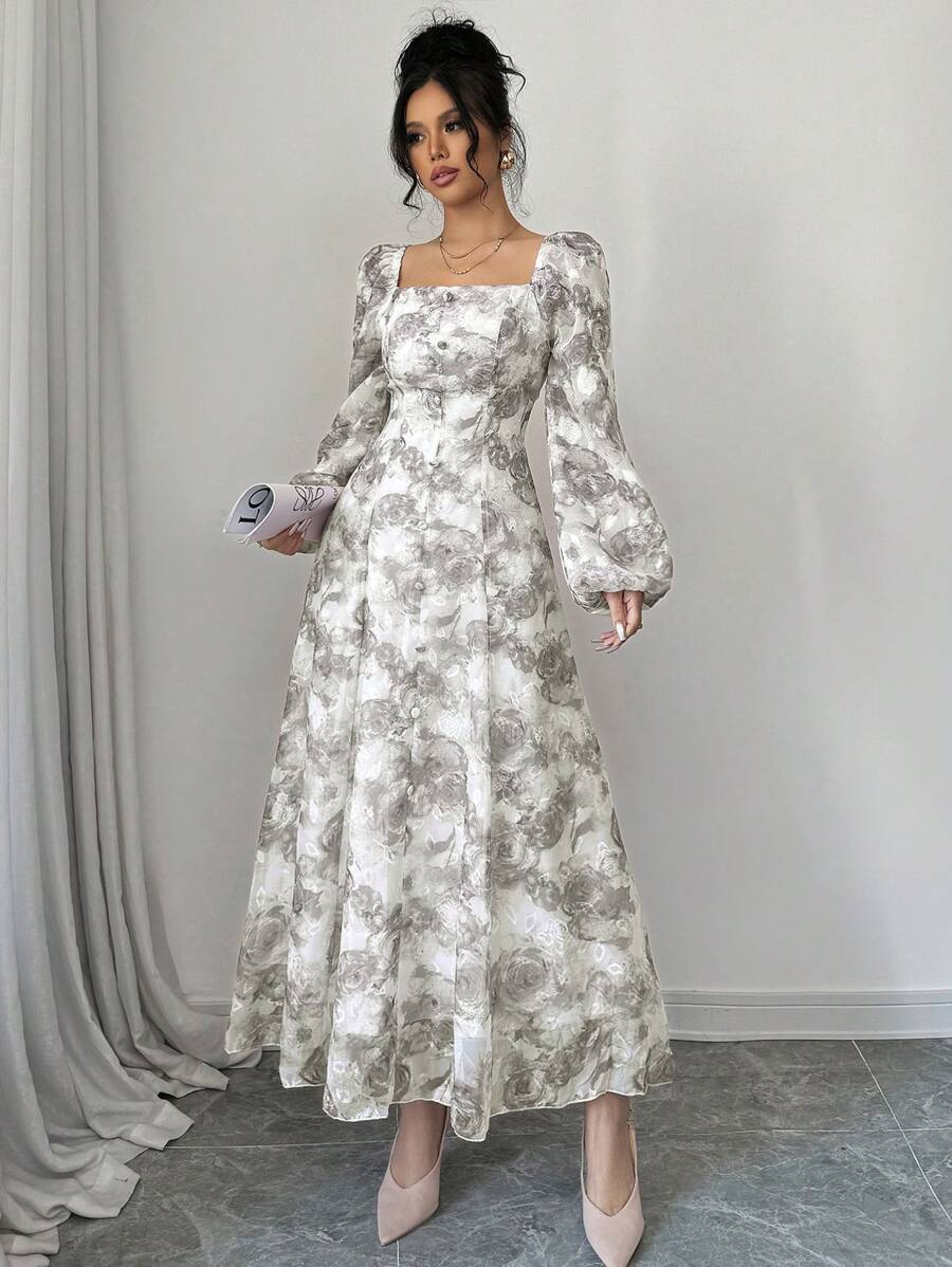 SHEIN Mulvari فستان رمادي بأكمام طويلة مطبوع بطبعة نباتية