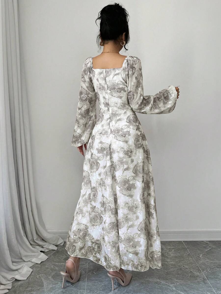 SHEIN Mulvari فستان رمادي بأكمام طويلة مطبوع بطبعة نباتية