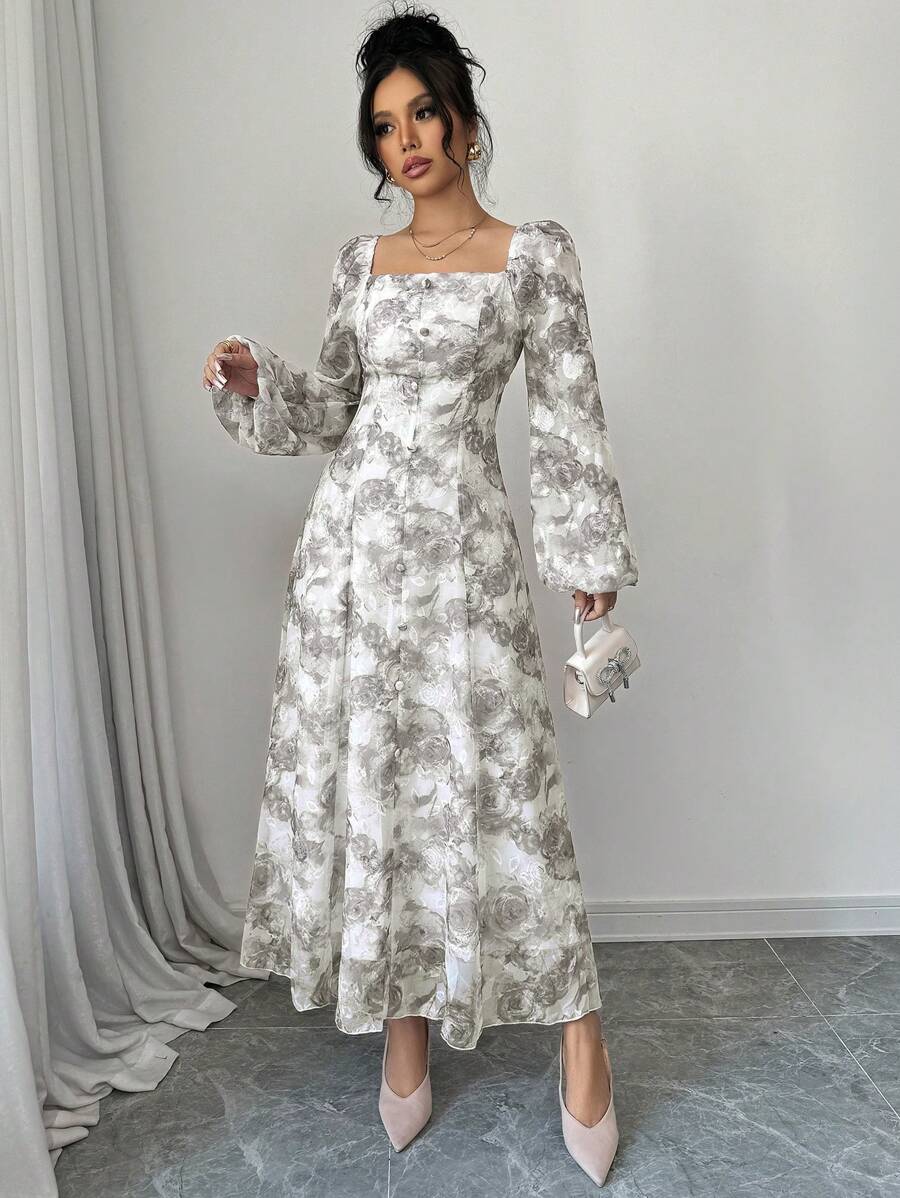 SHEIN Mulvari فستان رمادي بأكمام طويلة مطبوع بطبعة نباتية