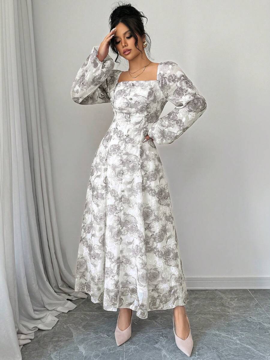 SHEIN Mulvari فستان رمادي بأكمام طويلة مطبوع بطبعة نباتية
