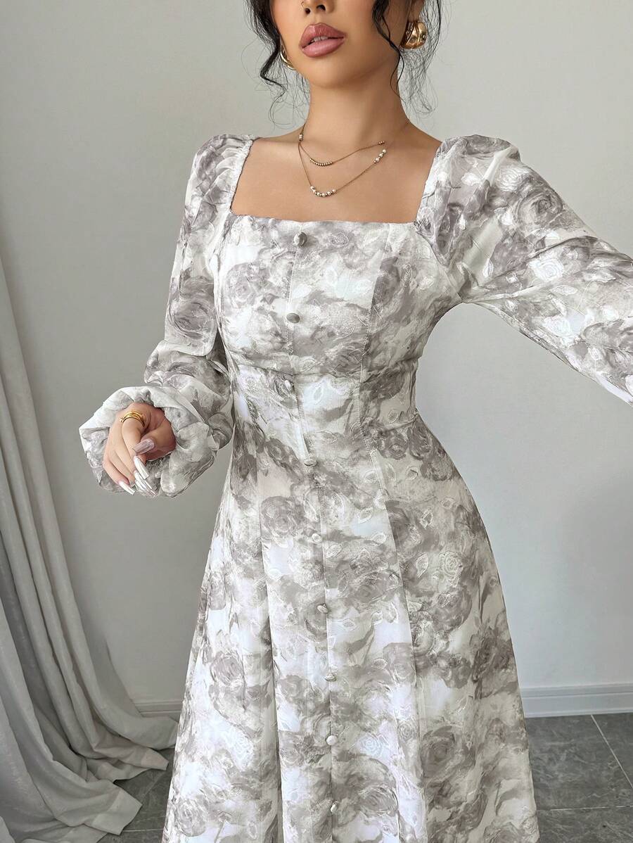 SHEIN Mulvari فستان رمادي بأكمام طويلة مطبوع بطبعة نباتية