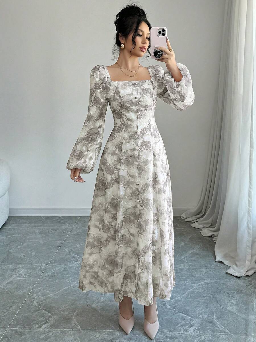 SHEIN Mulvari فستان رمادي بأكمام طويلة مطبوع بطبعة نباتية