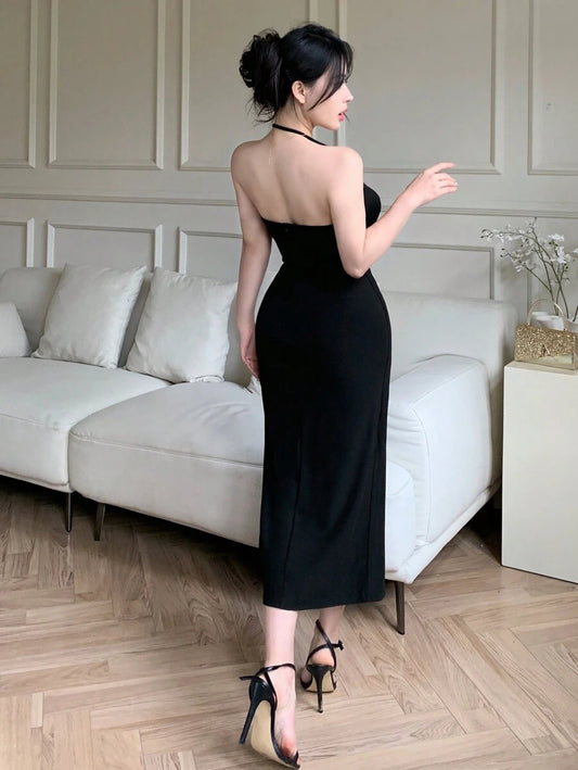 SHEIN Wynsel فستان اسود بتنانير مشمسة وتصميم غير متماثل