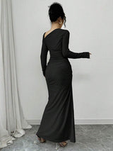SHEIN Elenzga فستان اسود طويل بخصر منحوت وياقة