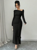 SHEIN Elenzga فستان اسود طويل بخصر منحوت وياقة