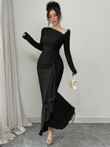 SHEIN Elenzga فستان اسود طويل بخصر منحوت وياقة