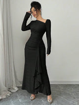 SHEIN Elenzga فستان اسود طويل بخصر منحوت وياقة