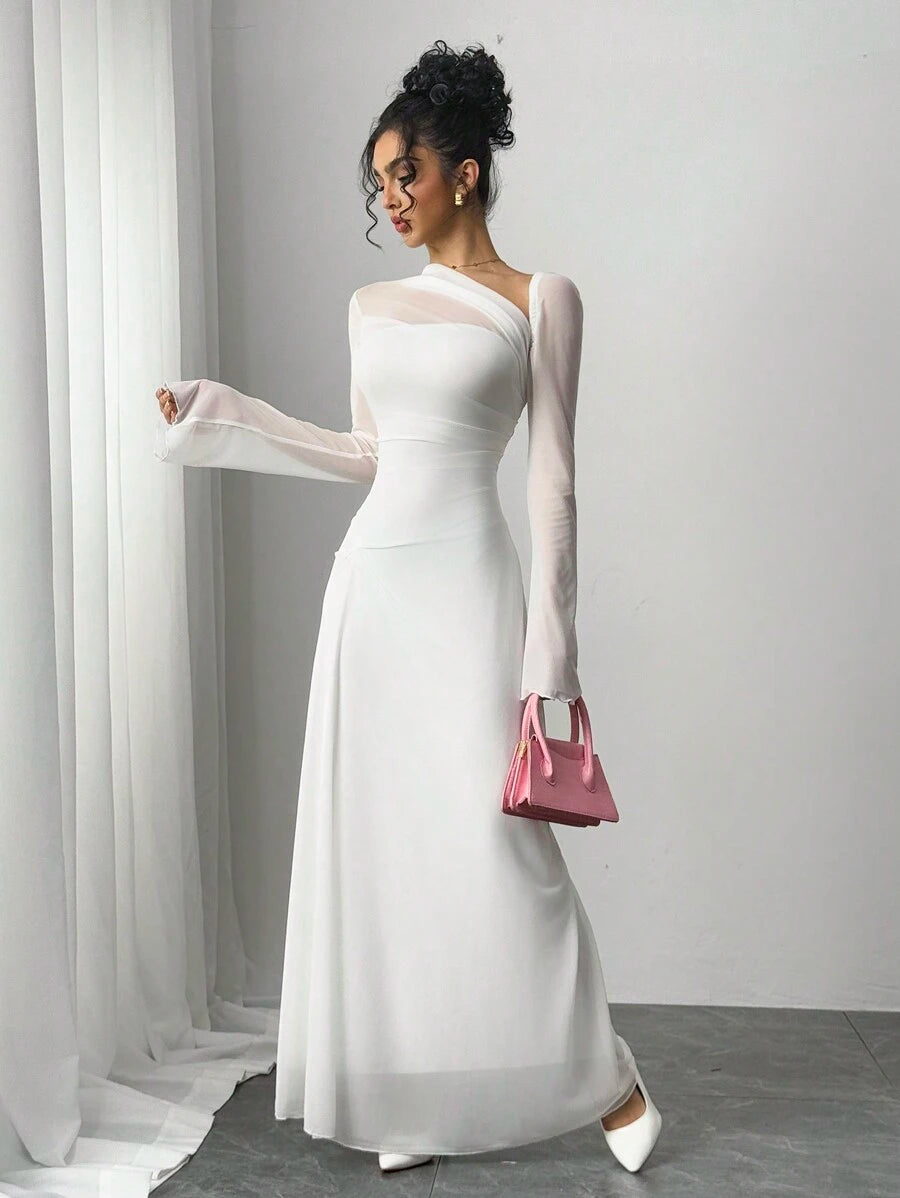 SHEIN Siren Gaze فستان زفاف ابيض وياقة غير متماثلة