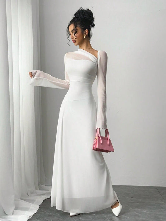 SHEIN Siren Gaze فستان زفاف ابيض وياقة غير متماثلة