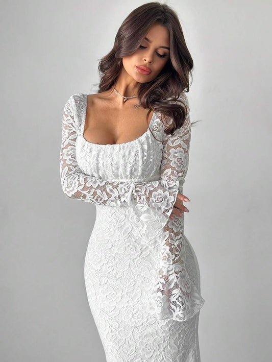 SHEIN Firerie فستان ابيض بياقة مربعة ودانتيل وكشكشة