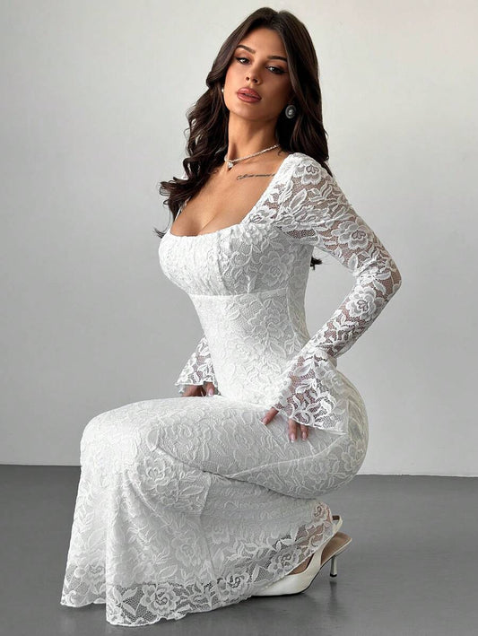 SHEIN Firerie فستان ابيض بياقة مربعة ودانتيل وكشكشة