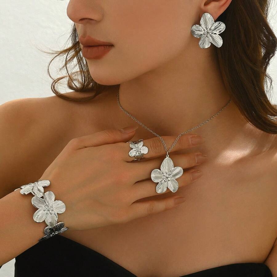 SHEIN طقم مجوهرات 5 قطع زهور معدنية 5 بتلات