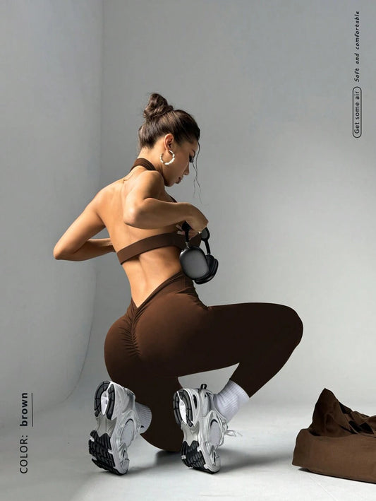 SHEIN FWH جمبسوت رياضي بني ضيق وظهر مكشوف
