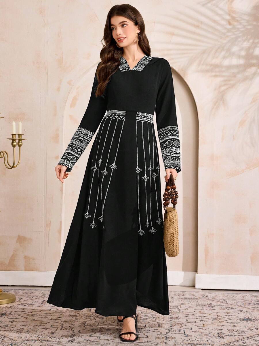 SHEIN Al Najma فستان كاجوال بلون أسود وأكمام طويلة