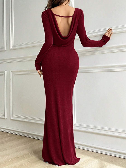 SHEIN Modelyn فستان سهرة عنابي طويل وقصة ممشوقة