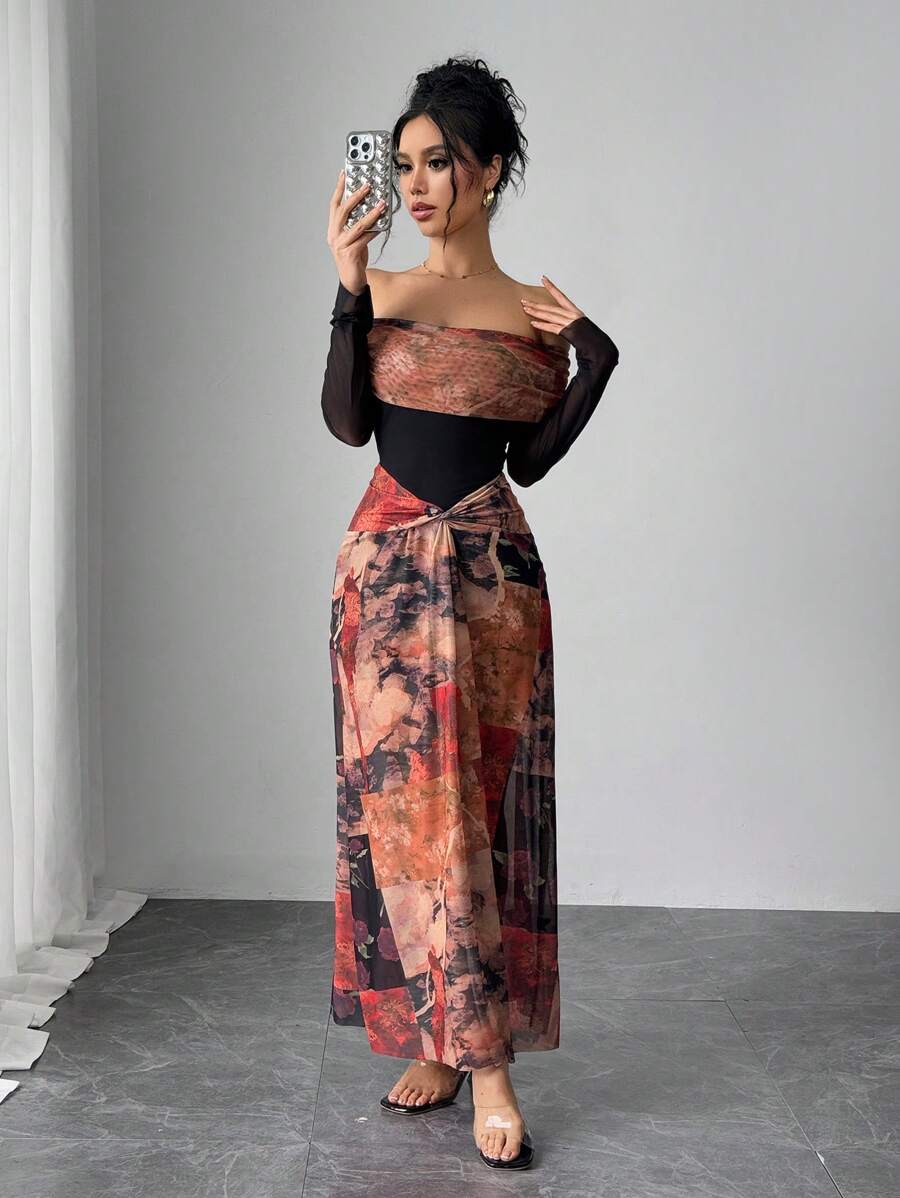 SHEIN RAFFERIZA فستان ماكسي بفتحة فخذ وكتف مكشوف بطبعات زهرية متعددة الألوان
