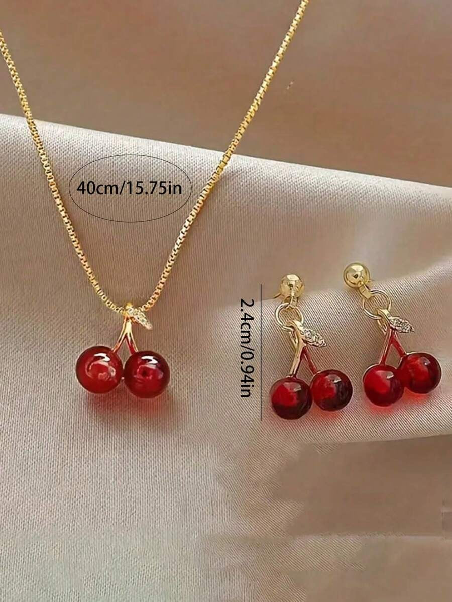 SHEIN طقم مجوهرات أنيق كرز أحمر مع سلسلة عظمة الترقوة