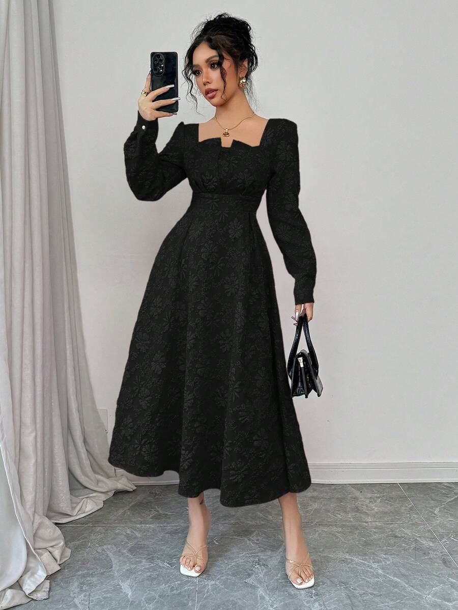 SHEIN Elenzga فستان ماكسي اسود بأكمام فانوس مزخرف زهور