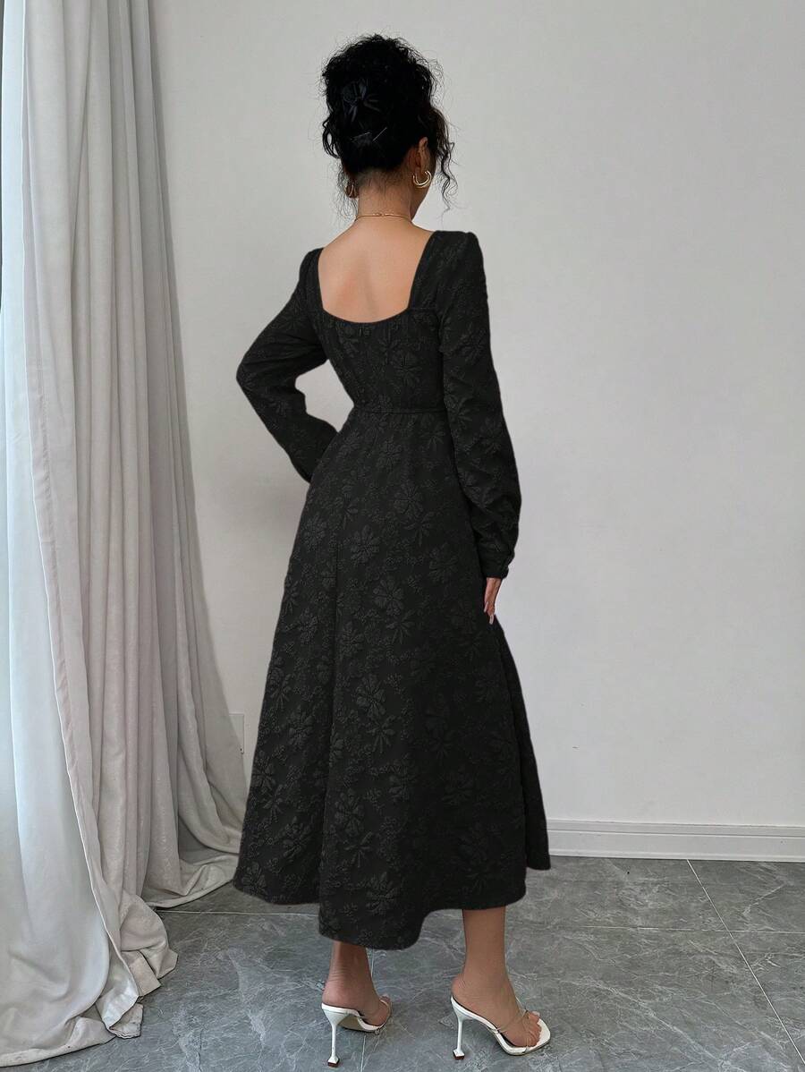 SHEIN Elenzga فستان ماكسي اسود بأكمام فانوس مزخرف زهور