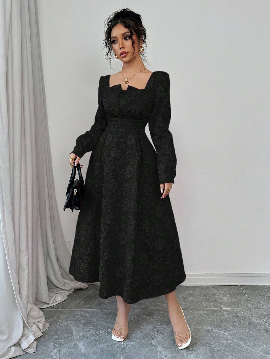 SHEIN Elenzga فستان ماكسي اسود بأكمام فانوس مزخرف زهور
