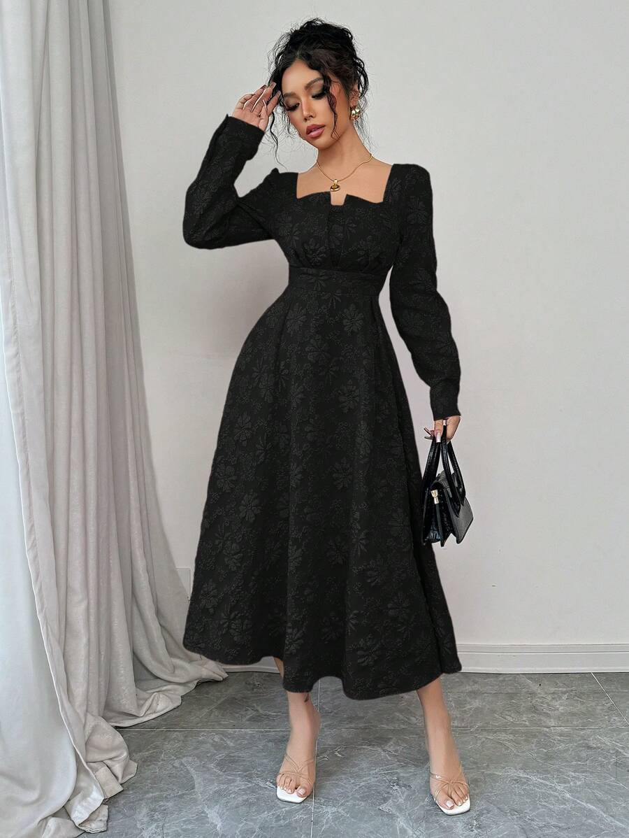 SHEIN Elenzga فستان ماكسي اسود بأكمام فانوس مزخرف زهور