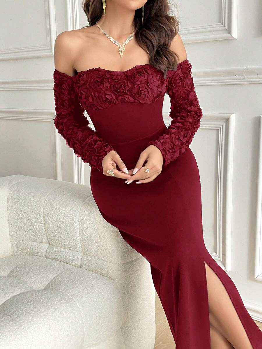 SHEIN Modelyn فستان عنابي كاجوال بوردو داكن بقصة ضيقة