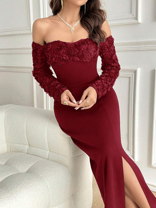 SHEIN Modelyn فستان عنابي كاجوال بوردو داكن بقصة ضيقة