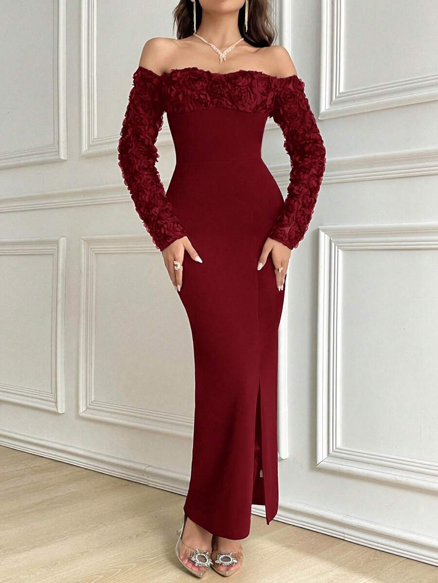 SHEIN Modelyn فستان عنابي كاجوال بوردو داكن بقصة ضيقة