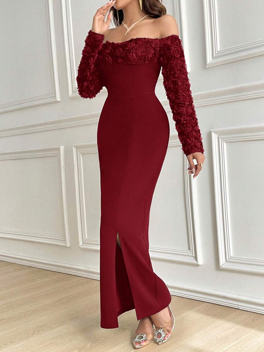 SHEIN Modelyn فستان عنابي كاجوال بوردو داكن بقصة ضيقة