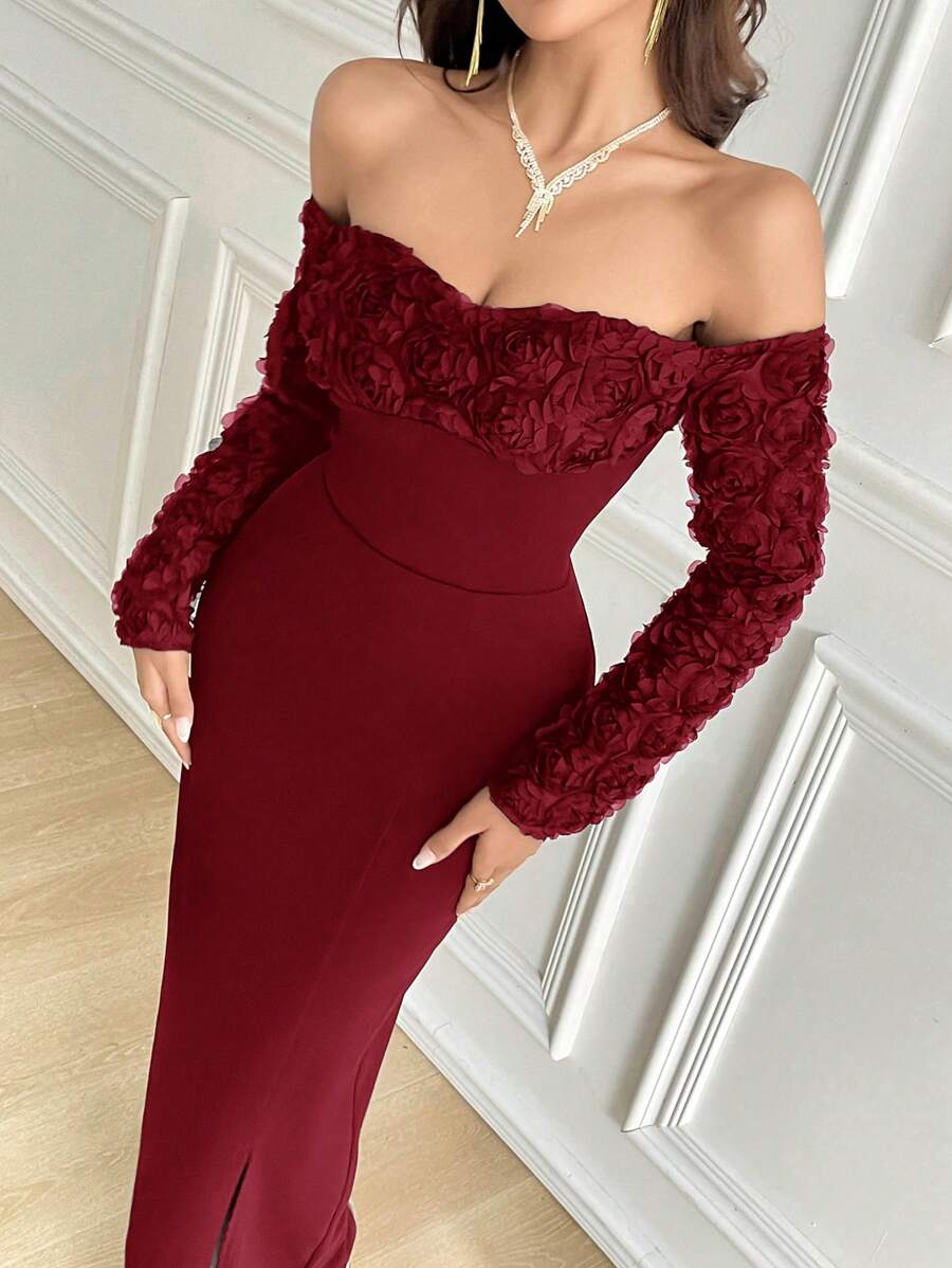 SHEIN Modelyn فستان عنابي كاجوال بوردو داكن بقصة ضيقة
