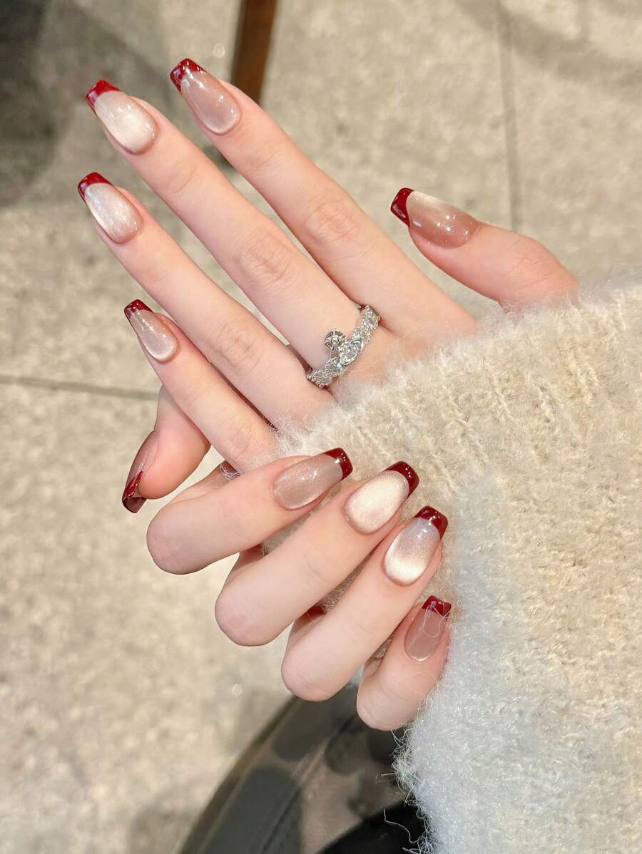 SHEIN YADORNOS أظافر صناعية 10 قطع بشكل تابوت بتصميم عين القطة الأحمر