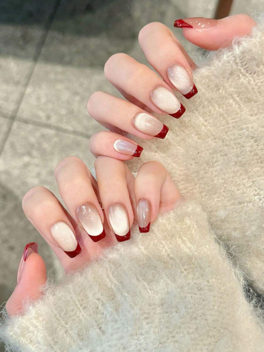 SHEIN YADORNOS أظافر صناعية 10 قطع بشكل تابوت بتصميم عين القطة الأحمر