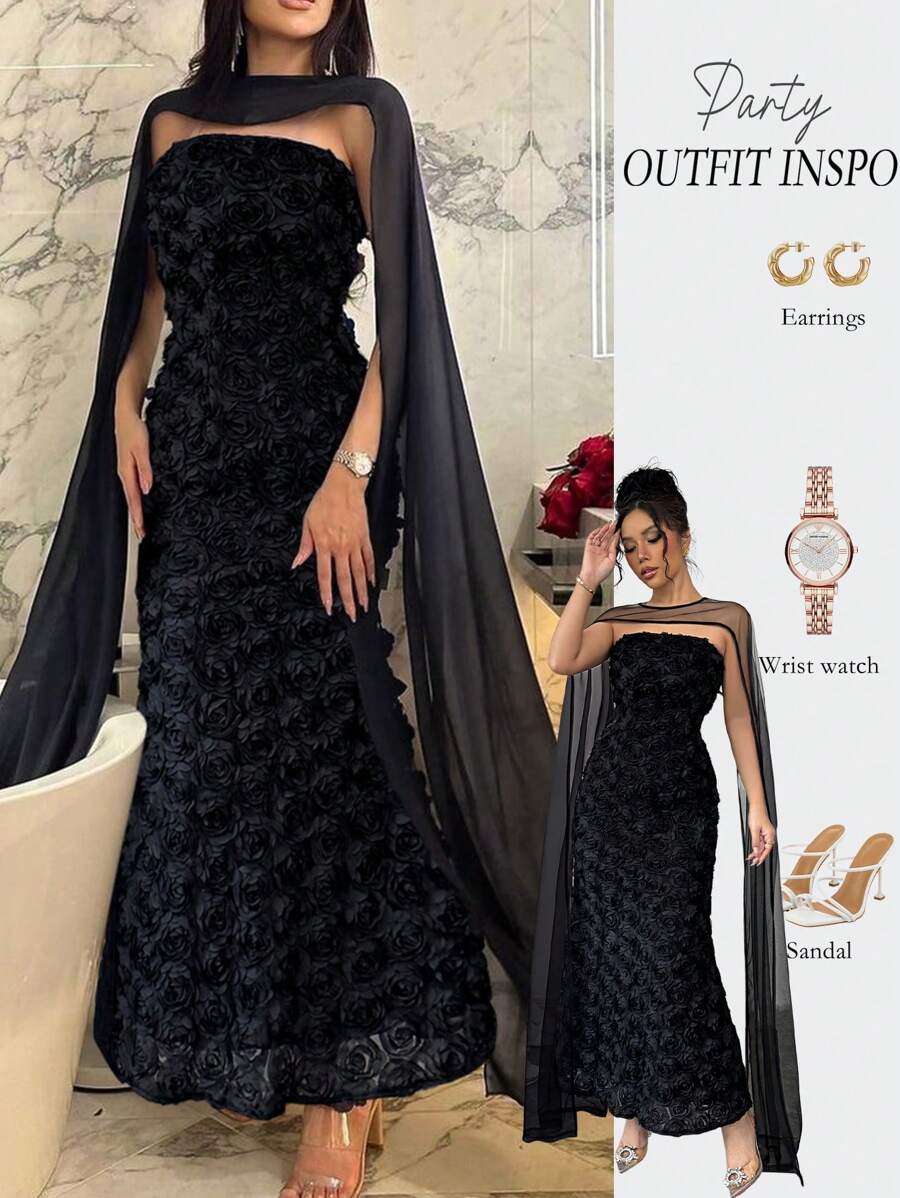 SHEIN Elenzga فستان اسود ملفوف مزين بوردة ومعه شال