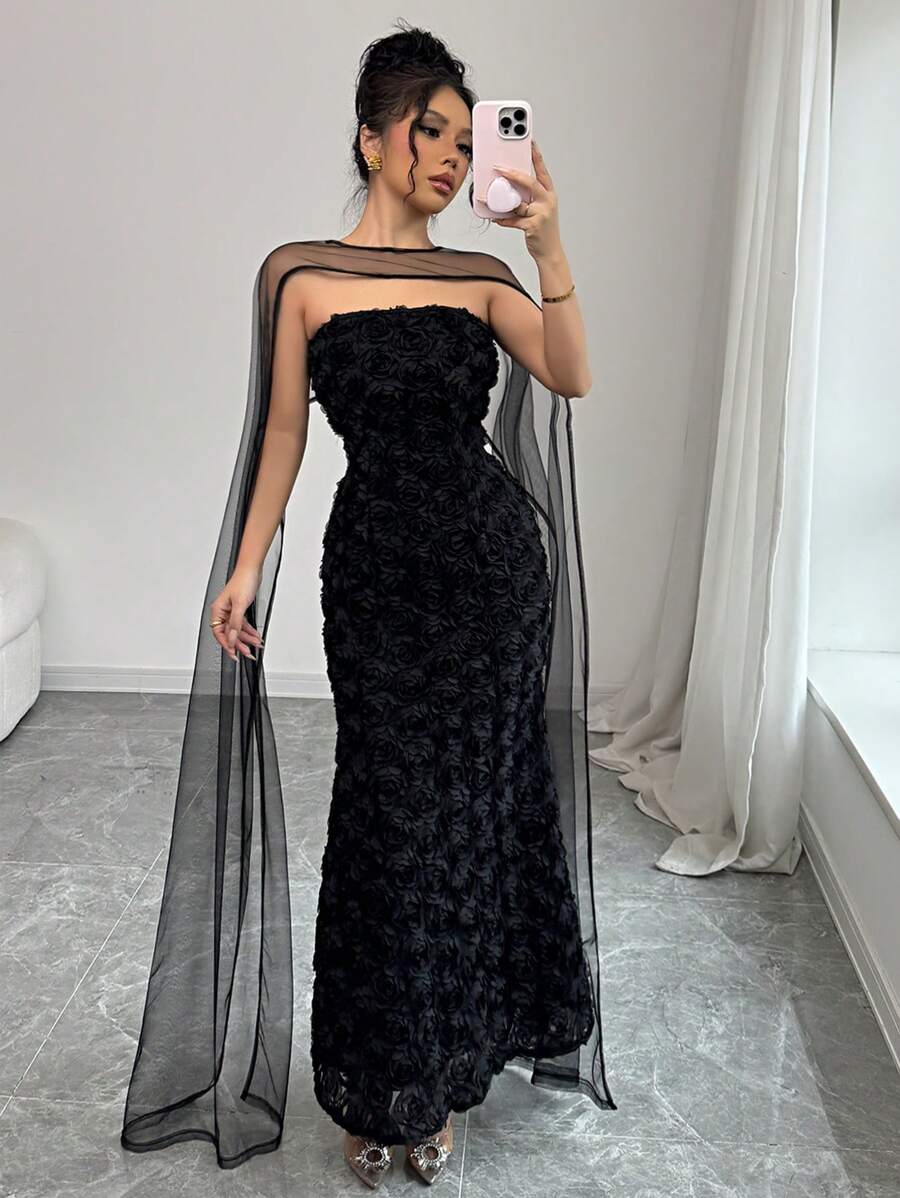 SHEIN Elenzga فستان اسود ملفوف مزين بوردة ومعه شال
